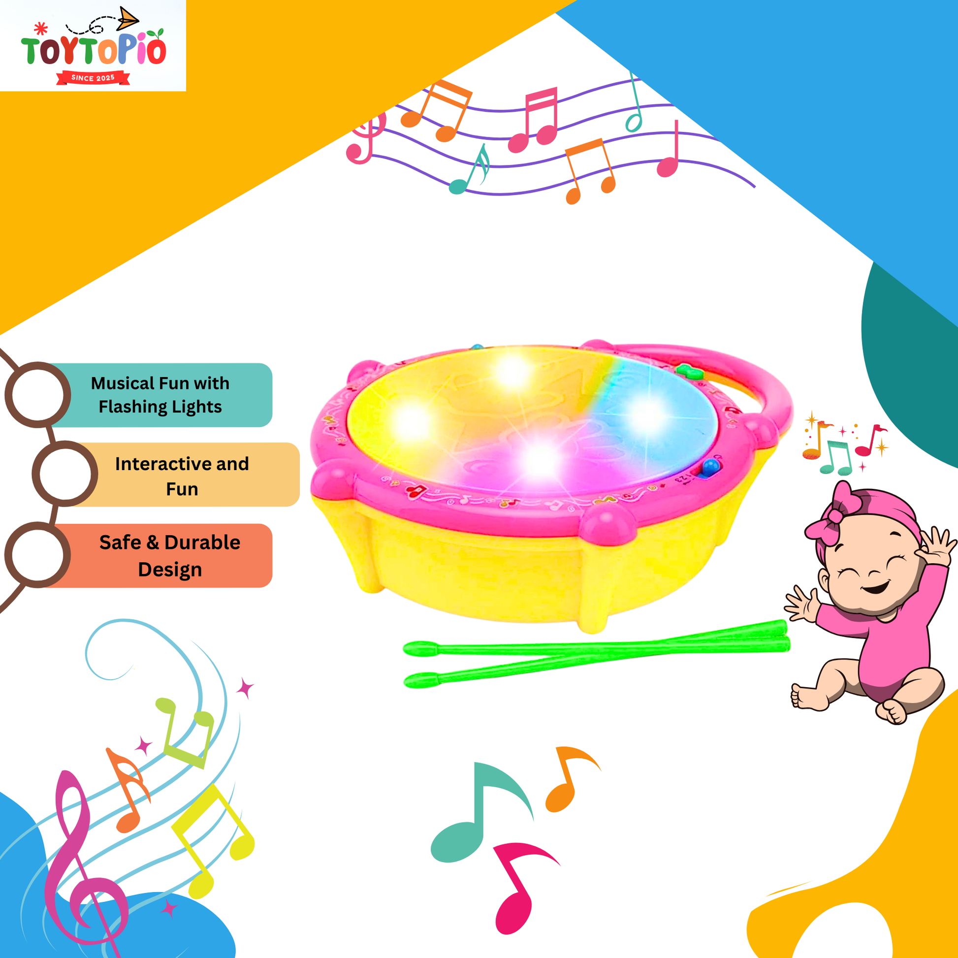 Flash Drum Toy for Kids | Musical Light-Up Drum with Sticks & Songs
