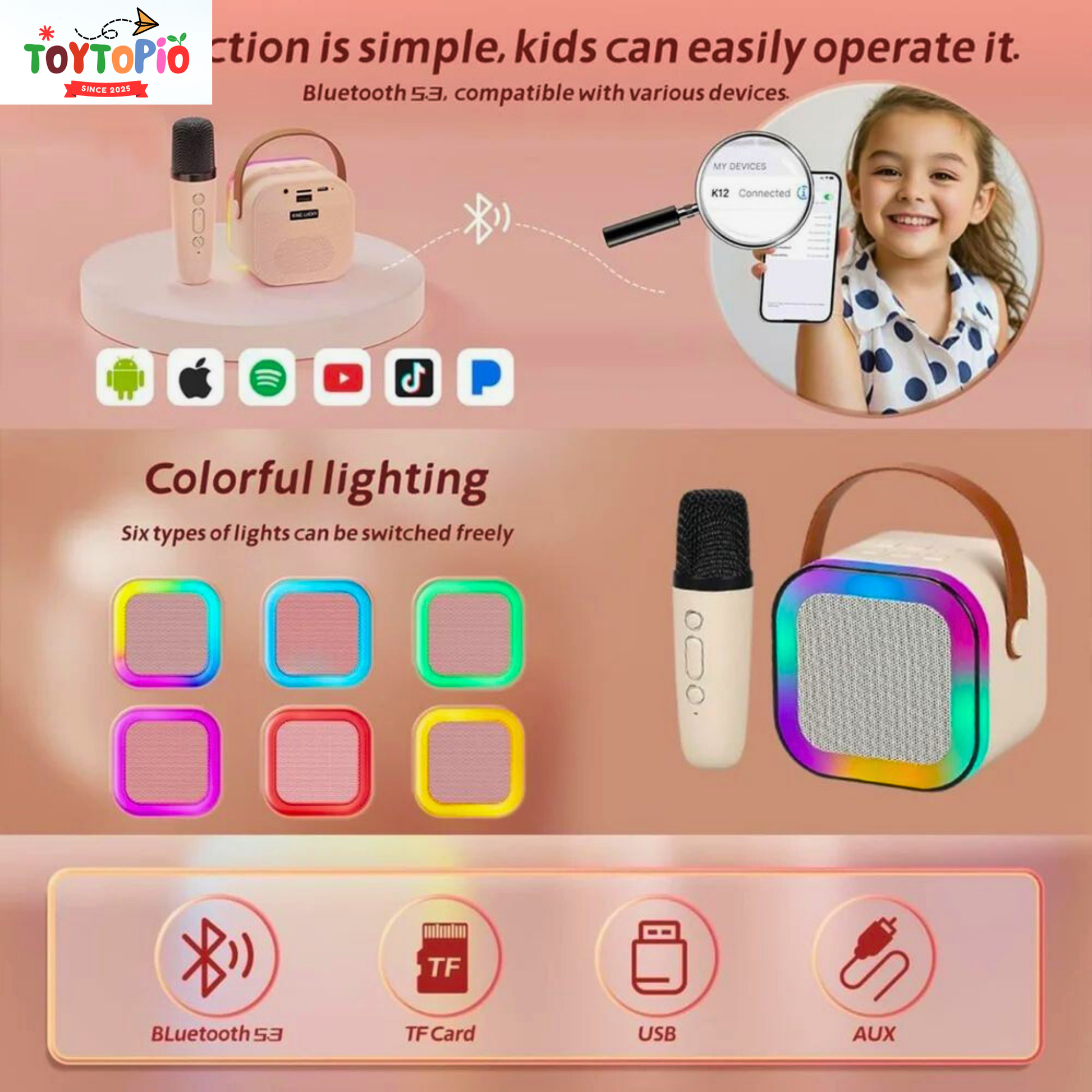 K12 Wireless Karaoke Mic with Bluetooth | LED Lights & Speaker
